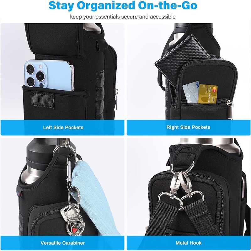 Black waist bag with multiple pockets and attachments on a white background