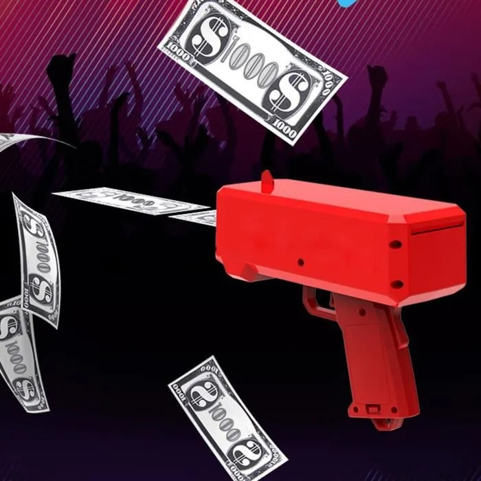 Red gun-like device发射美元纸币,背景有模糊的人群剪影和美元符号