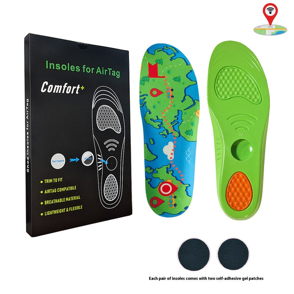 Green insoles with a map design and packaging labeled 'Insoles for AirTag Comfort+' on a white background.