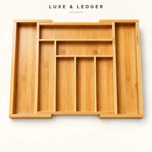 A bamboo organizer tray with multiple compartments, shown from a top-down view on a clean white background with 'LUXE & LEDGER' text at the top.