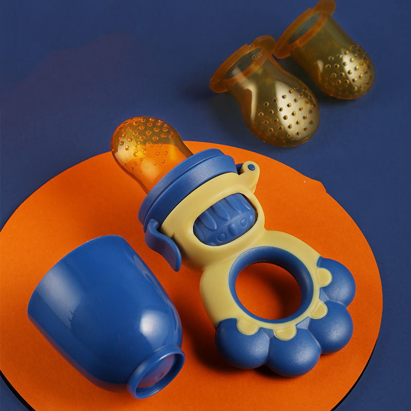 Baby teether with blue and yellow design on an orange and blue background
