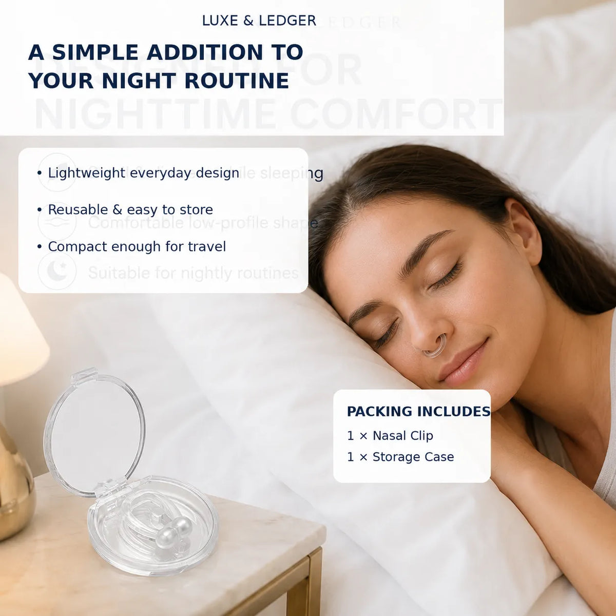 A woman sleeping peacefully in bed with a clear reusable nasal clip device shown on a bedside table in the foreground. Text overlays describe the product features and include 'LUXE & LEDGER' branding.
