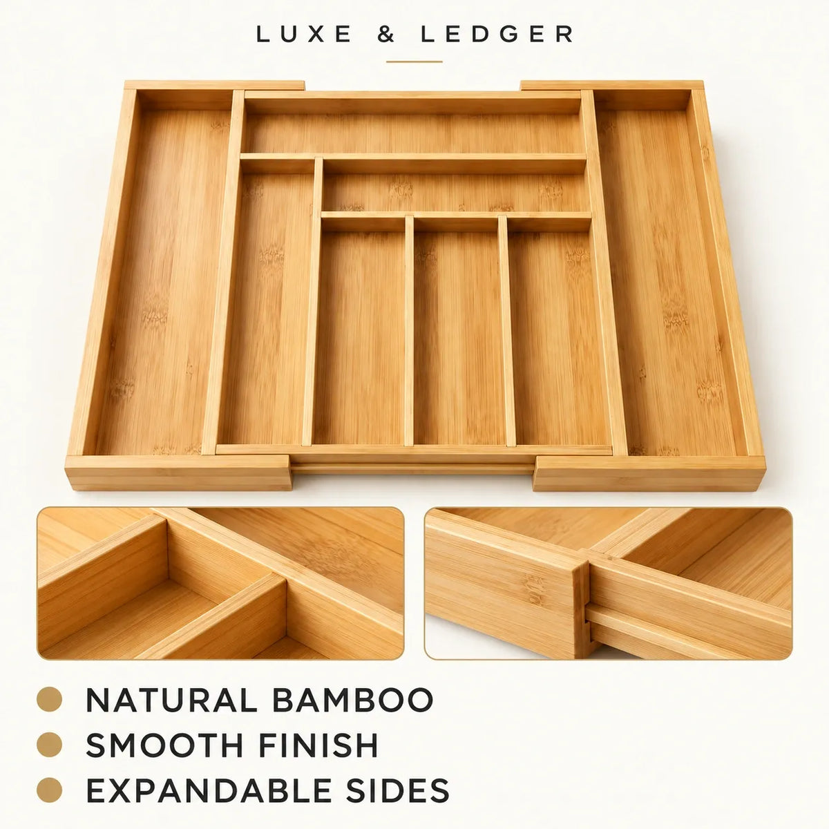 A bamboo organizer tray with multiple compartments, shown on a clean white background with text reading 'LUXE & LEDGER' and three inset detail views highlighting natural bamboo grain, smooth finished edges, and sliding side sections.
