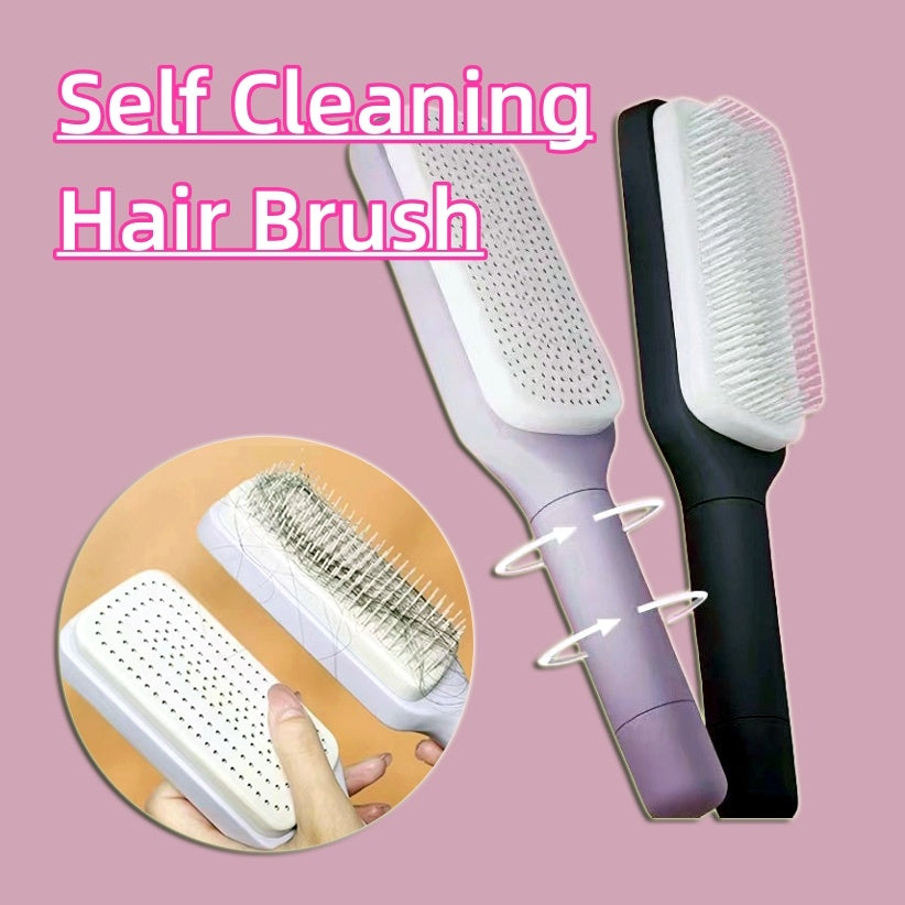 Two self-cleaning hair brushes in black and purple colors, with an additional inset showing the brush's bristles.