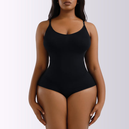 Black bodysuit worn by a model on a white background