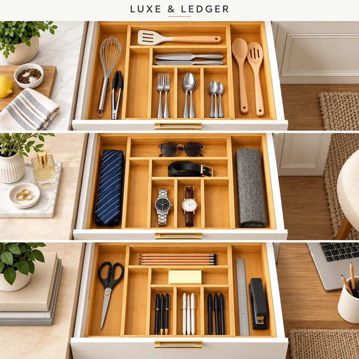 Three stacked views of a wooden drawer organizer shown inside a white drawer, holding kitchen utensils, men's accessories, and stationery. The organizer has adjustable wooden dividers and gold-tone metal handles.