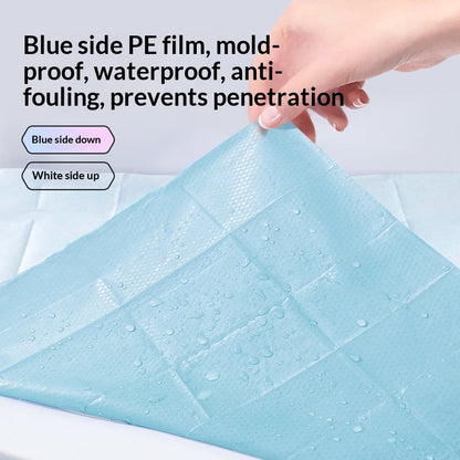 Blue PE film being held with text describing its properties on a white background
