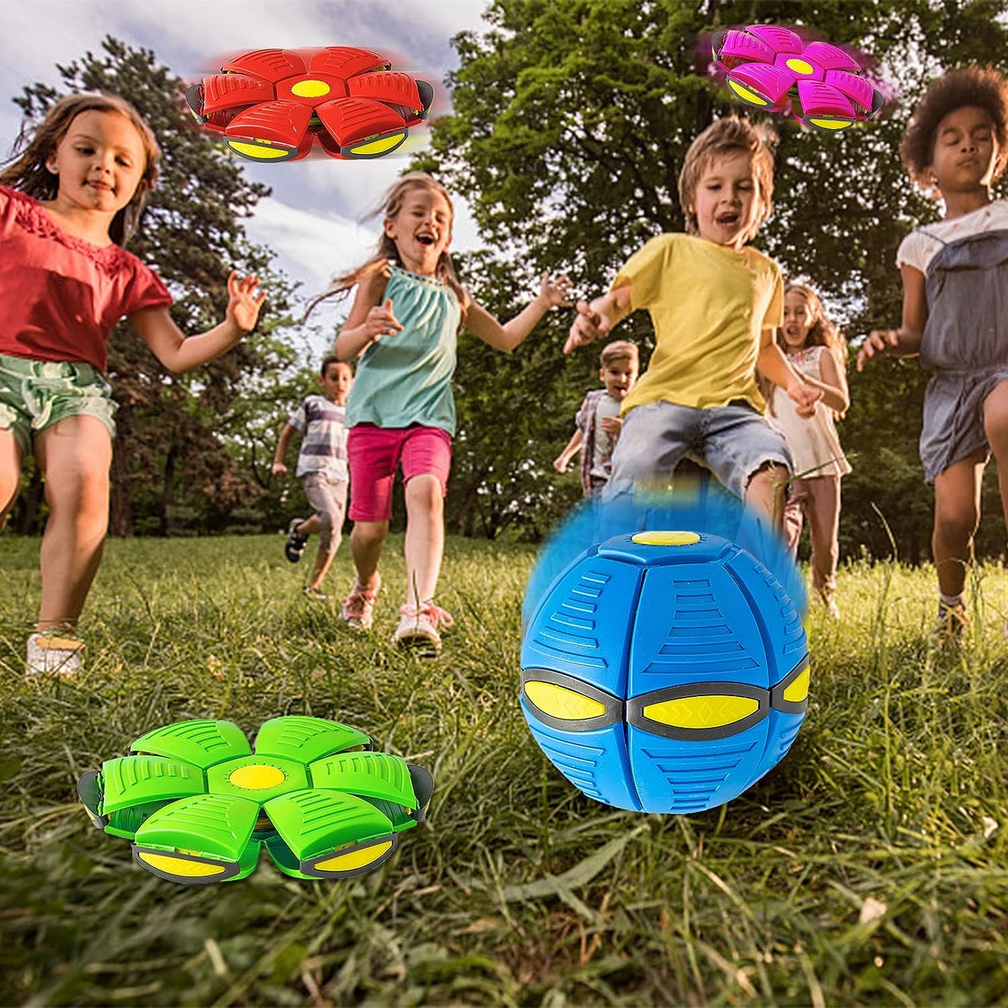 Children playing with a blue robot ball in a grassy field with additional robot ball designs inset.