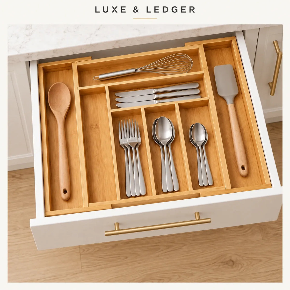 A bamboo drawer organizer insert shown inside an open kitchen drawer, holding a wooden spoon, wooden spatula, metal whisk, knives, forks, and spoons. The image includes the brand name 'LUXE & LEDGER' at the top and feature callouts at the bottom.