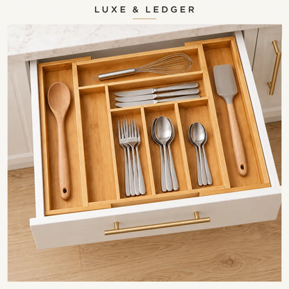 A bamboo drawer organizer insert shown inside an open kitchen drawer, holding a wooden spoon, wooden spatula, metal whisk, knives, forks, and spoons. The image includes the brand name 'LUXE & LEDGER' at the top and feature callouts at the bottom.