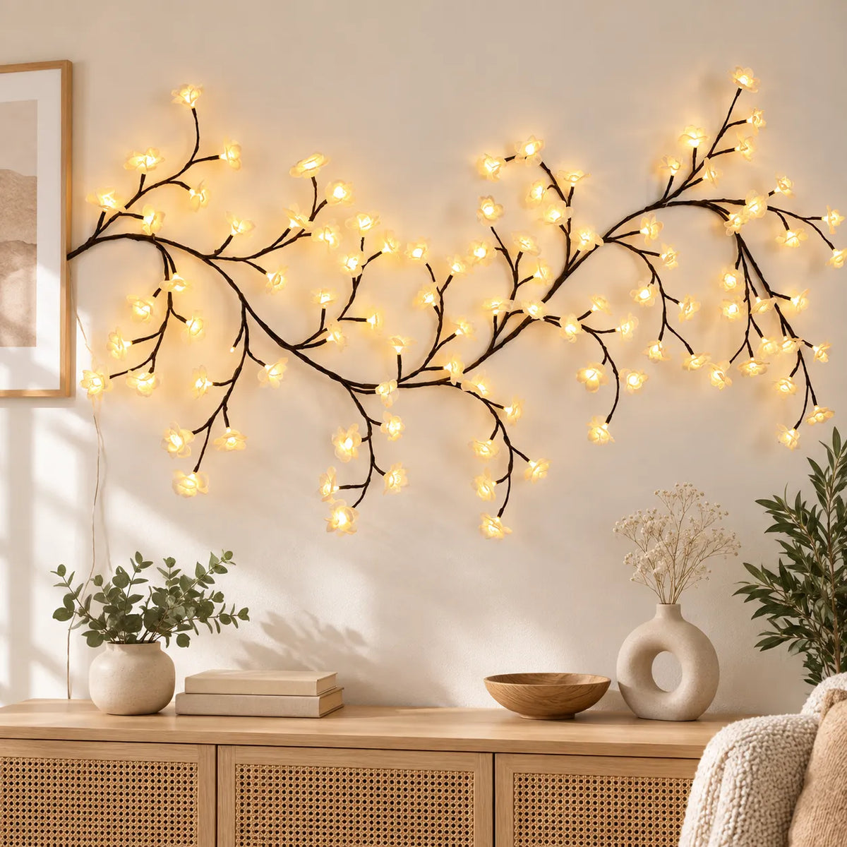 Branch-shaped string wall lights with warm glowing bulbs mounted on a beige wall above a wooden console table with plants and decor.