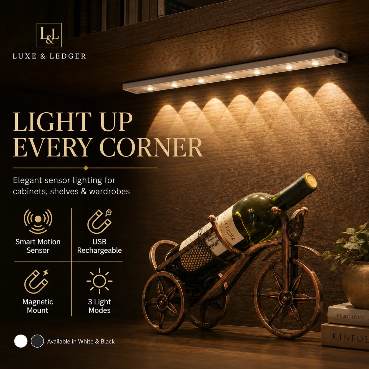 Under-cabinet light fixture with wine bottle holder on a wooden surface, featuring Luxe & Ledger branding.