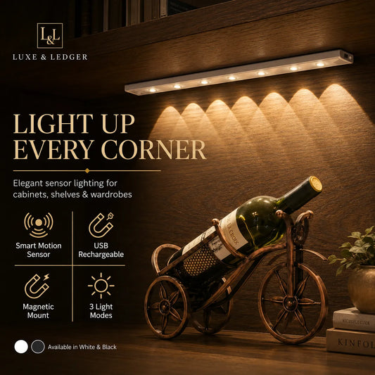 Under-cabinet light fixture with wine bottle holder on a wooden surface, featuring Luxe & Ledger branding.