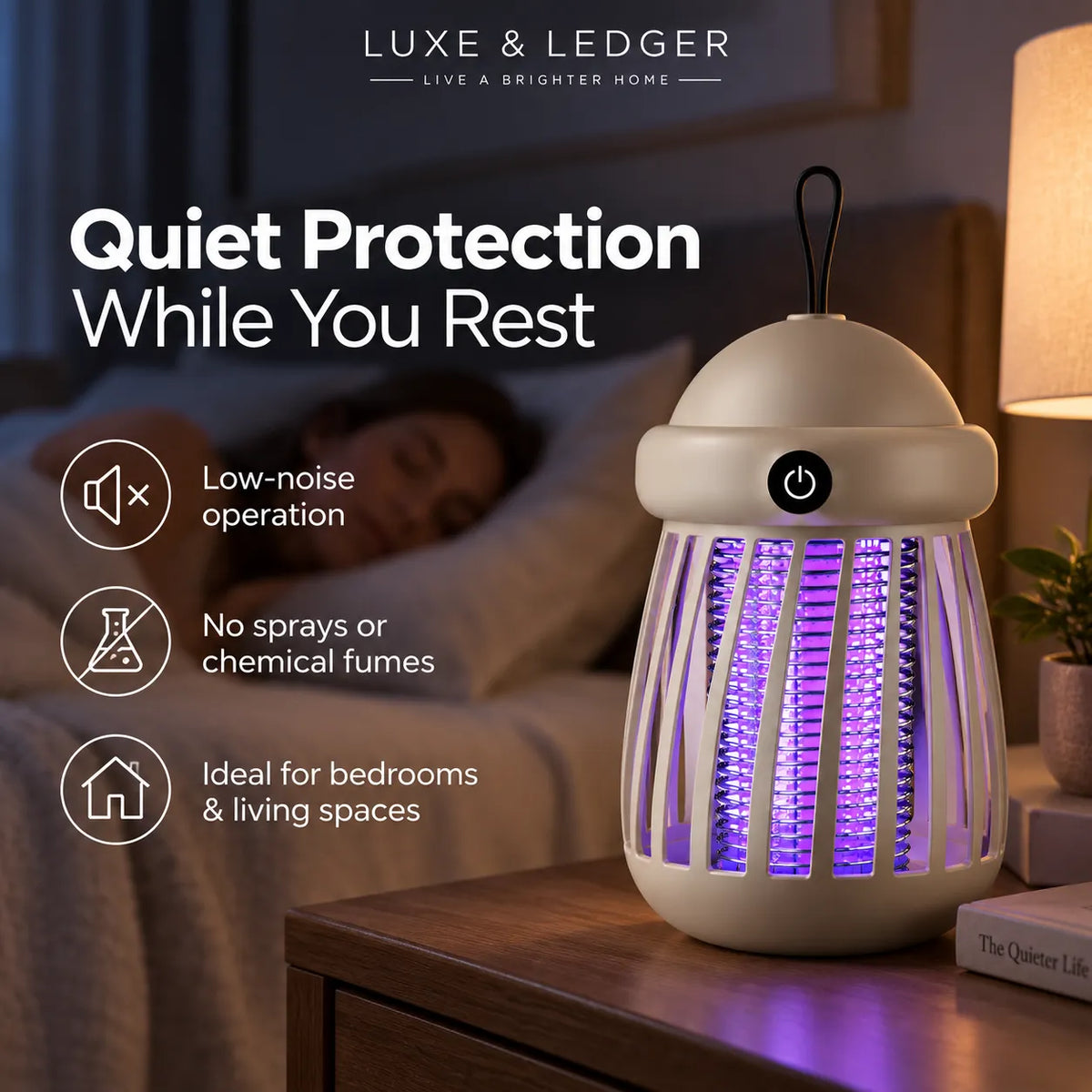 A Luxe & Ledger mosquito trap light sits on a wooden bedside table in a dimly lit bedroom, with a woman sleeping in bed in the background. The product is beige with a glowing purple interior and a black hanging loop.