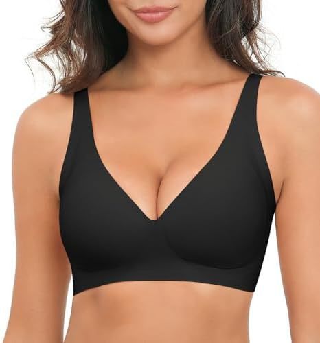 Black bra worn by a model on a white background