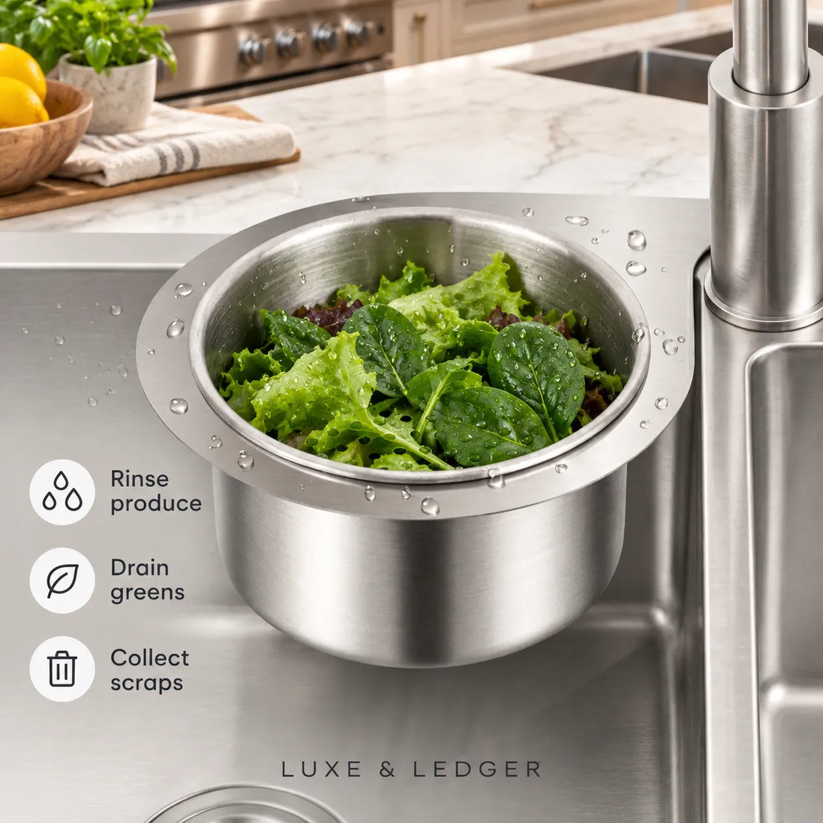 Stainless steel sink strainer basket filled with leafy greens beside a kitchen faucet.