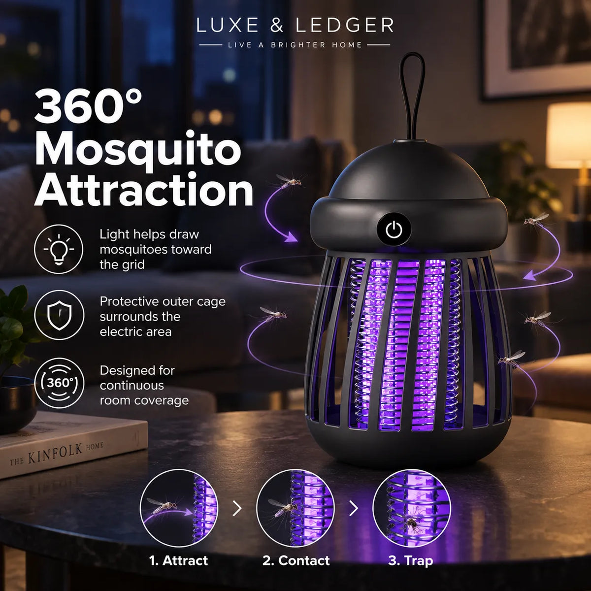 Luxe & Ledger mosquito trap lamp on a dark table in a dimly lit living room, with glowing purple insect-catching lights and marketing text about 360° mosquito attraction.