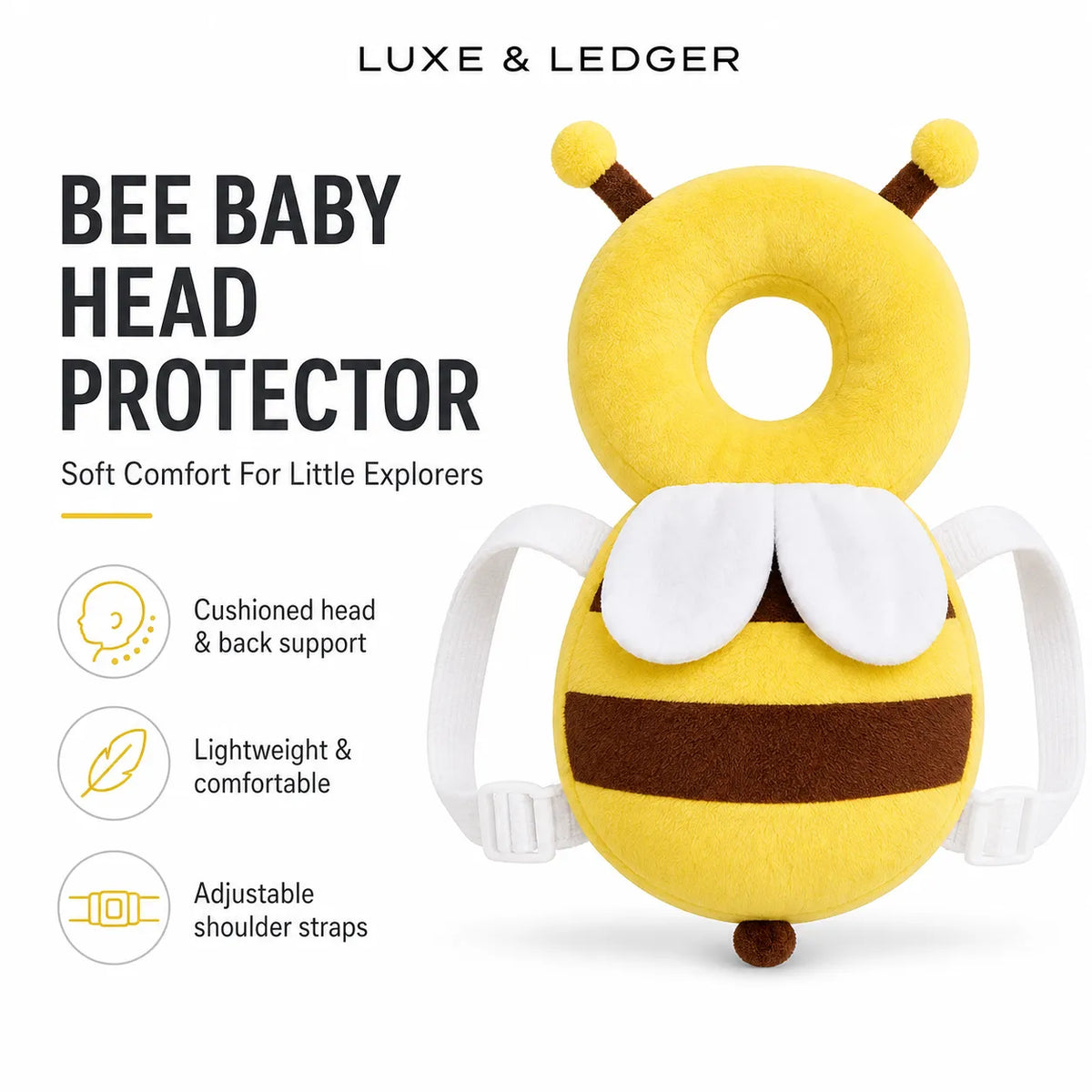 Luxe & Ledger Bee Baby Head Protector in yellow and brown with white wings, shown on a white background with product features listed on the left.
