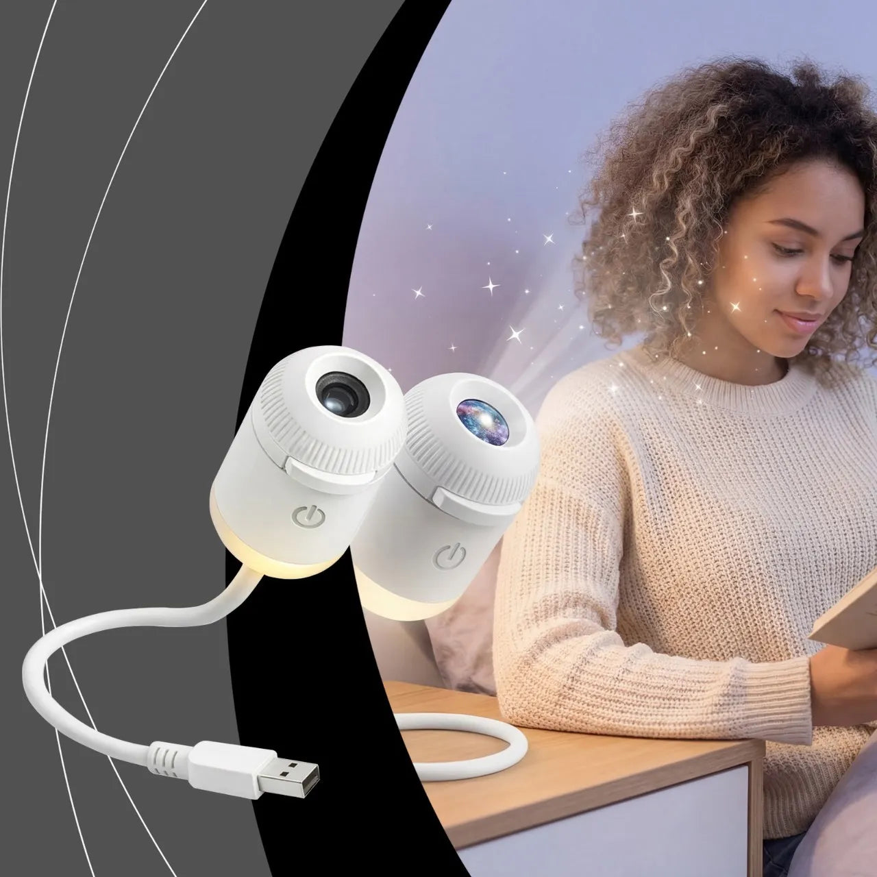 Two white security cameras with a USB cable on a black background, with a woman reading a book in the background.