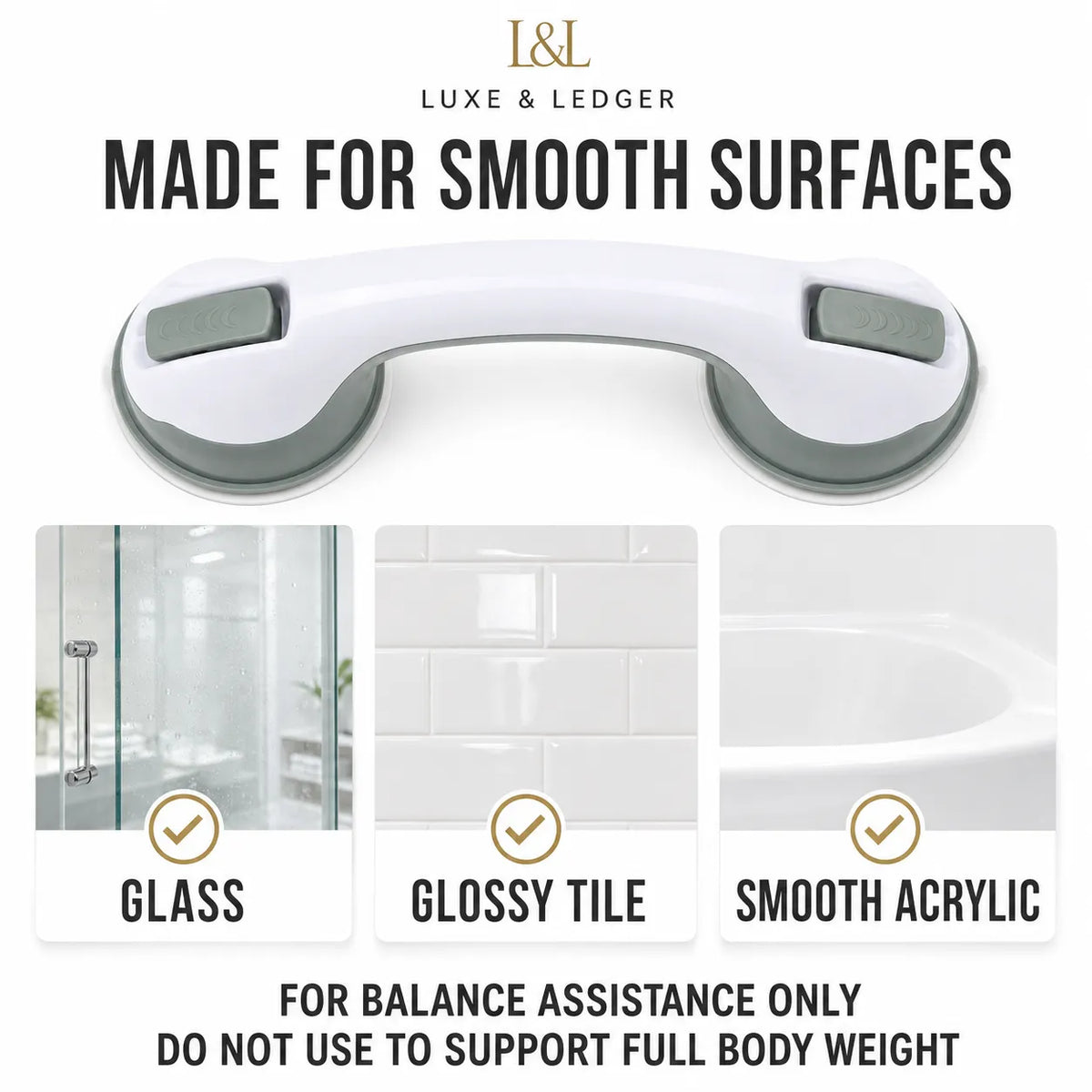 Luxe & Ledger suction cup balance assist tool shown on a white background with marketing text and three usage examples on glass, glossy tile, and smooth acrylic.