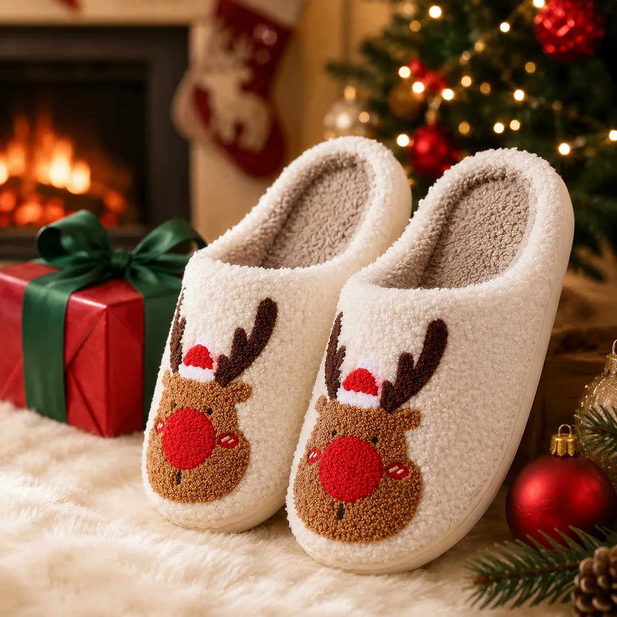 A pair of cream sherpa slip-on slippers with embroidered reindeer faces, styled on a white faux-fur surface with a Christmas tree, fireplace, gift box, and ornaments in the background.