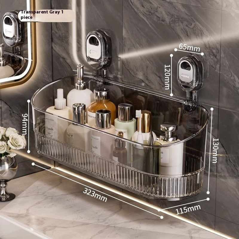 Transparent gray wall-mounted organizer with dimensions on a marble wall background