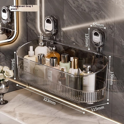 Transparent gray wall-mounted organizer with dimensions on a marble wall background