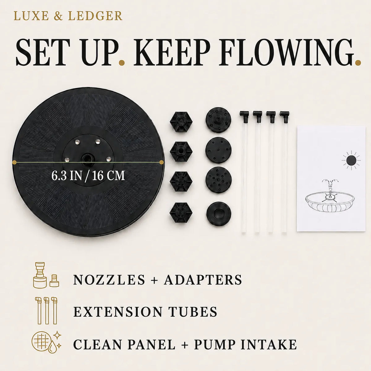 Solar fountain kit components laid out on a light beige background, including a black circular panel with a 6.3-inch diameter measurement overlay, black nozzles and adapters, clear extension tubes, and a small instruction card.