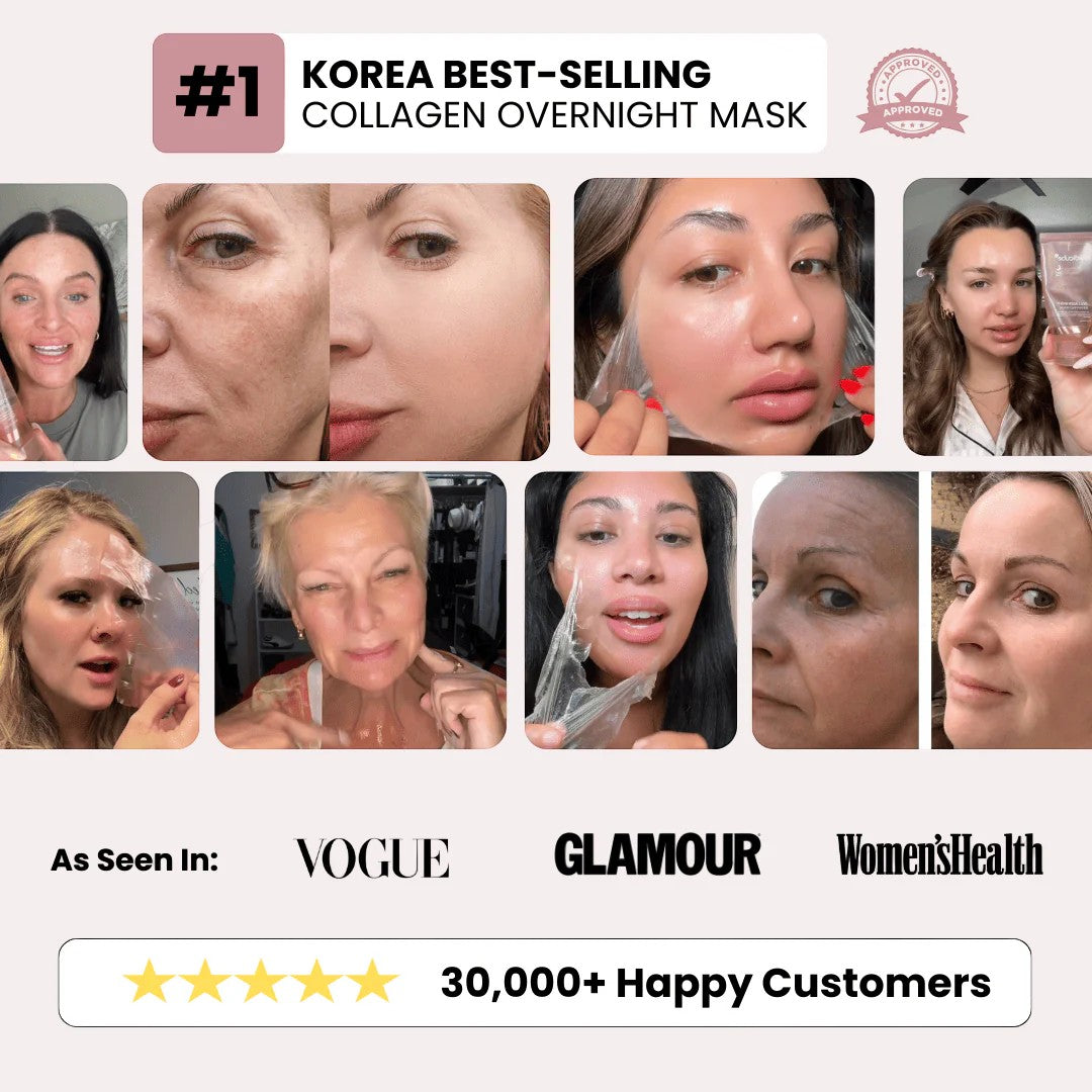 Collagen overnight mask advertisement with before-and-after effects on faces, featuring Vogue, Glamour, and Women's Health.
