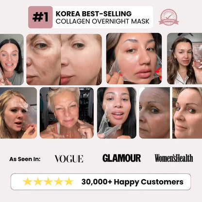 Collagen overnight mask advertisement with before-and-after effects on faces, featuring Vogue, Glamour, and Women's Health.