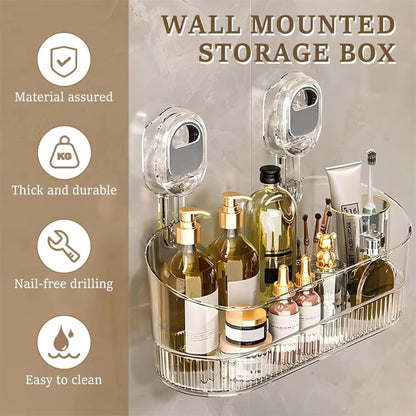 Wall-mounted storage box with toiletries on a neutral background