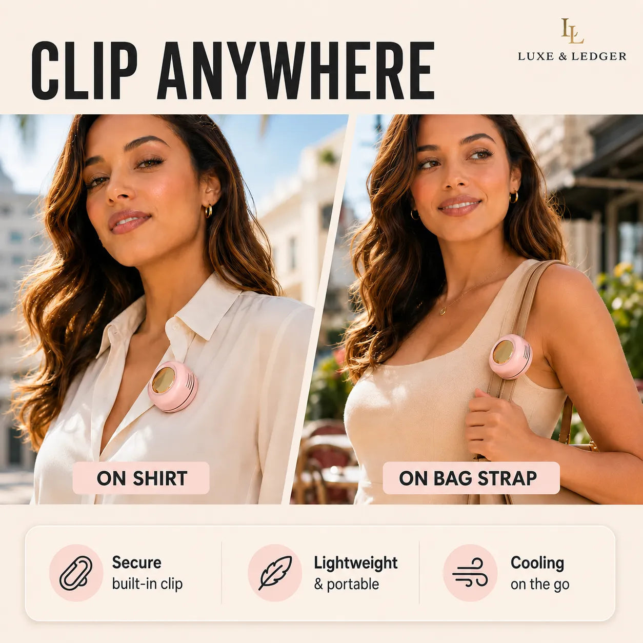 Woman wearing a clip on her shirt and bag strap with promotional text and Luxe & Ledger branding.