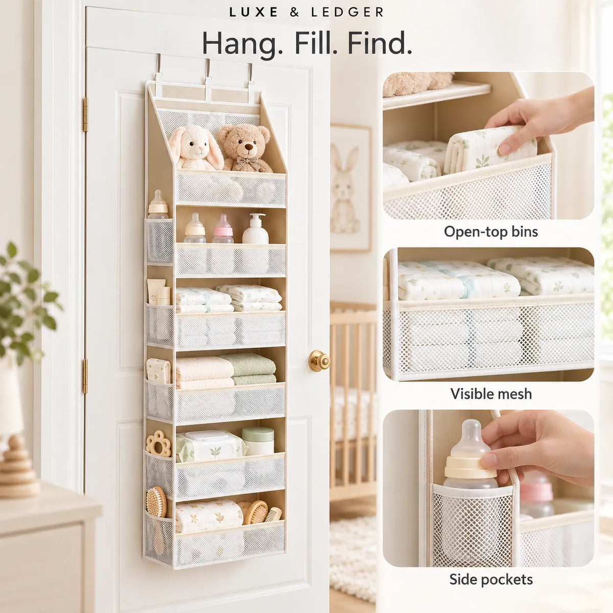 A multi-compartment hanging closet organizer with open-top bins, mesh storage, and side pockets, shown hanging on a white door in a nursery setting. Three inset callout panels on the right highlight features: open-top bins, visible mesh, and side pockets.
