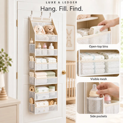 A multi-compartment hanging closet organizer with open-top bins, mesh storage, and side pockets, shown hanging on a white door in a nursery setting. Three inset callout panels on the right highlight features: open-top bins, visible mesh, and side pockets.