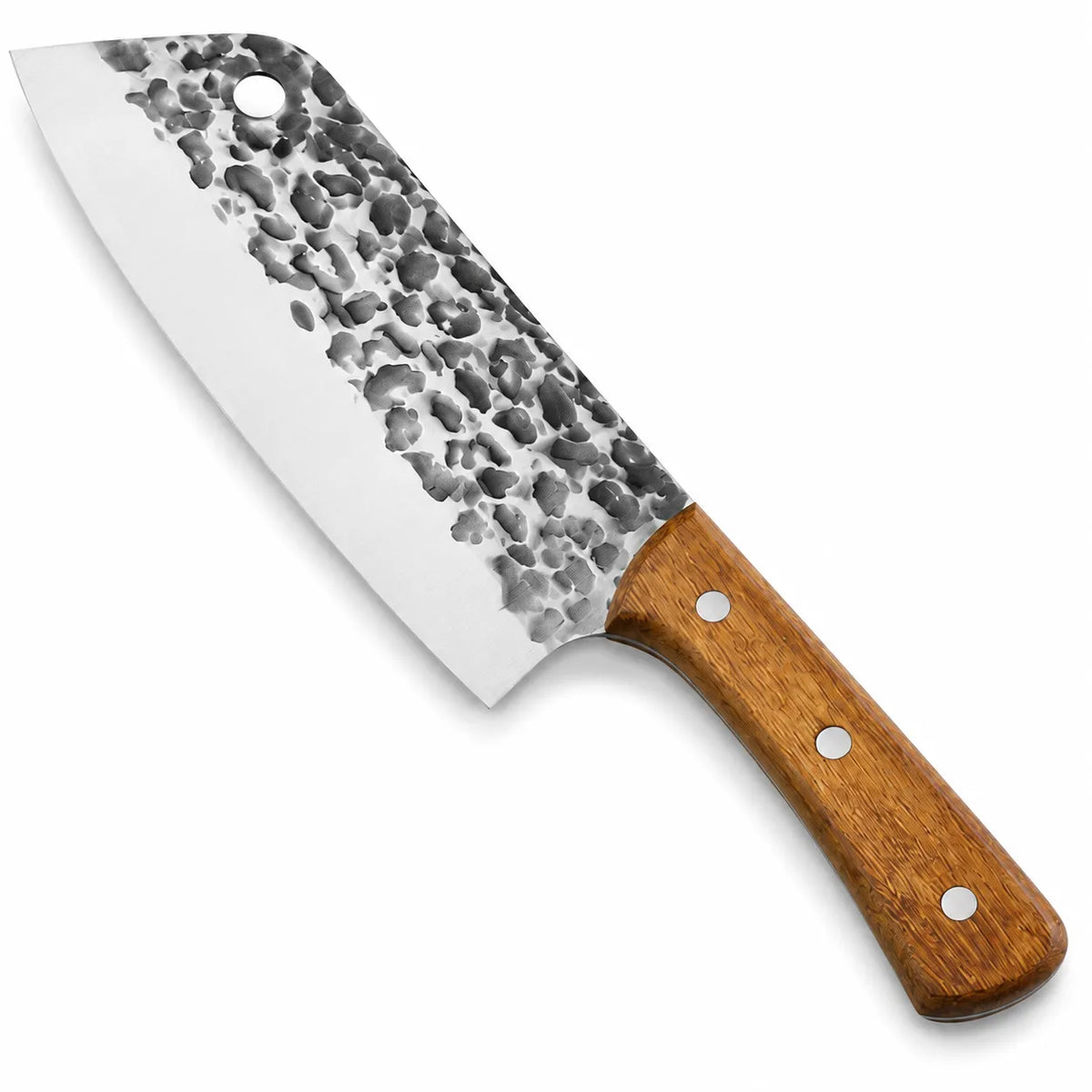 A chef's knife with a hammered Damascus steel blade and a brown wooden handle, shown on a plain white background.