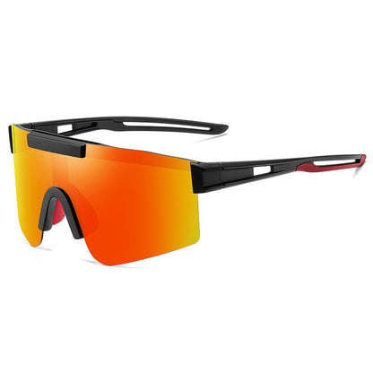 A pair of blue polarized cycling sunglasses with a black frame, displayed on a white surface with a reflective shadow.