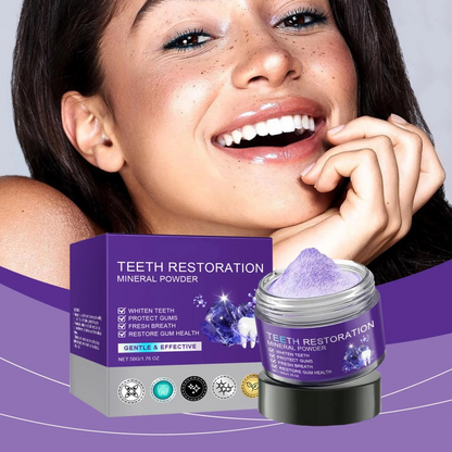 Teeth restoration mineral powder packaging with a woman smiling