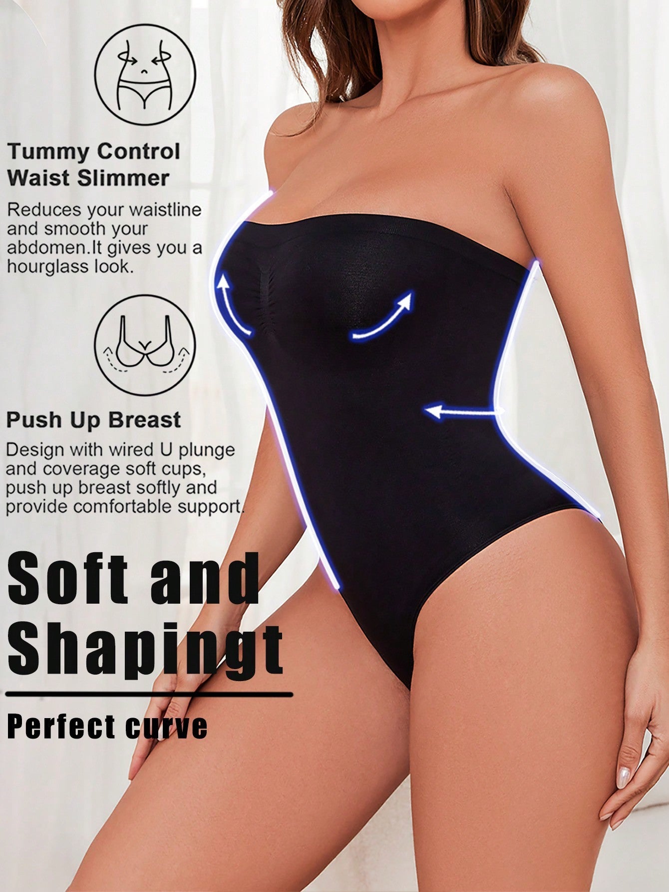 Black strapless bodysuit with text describing its features on a white background