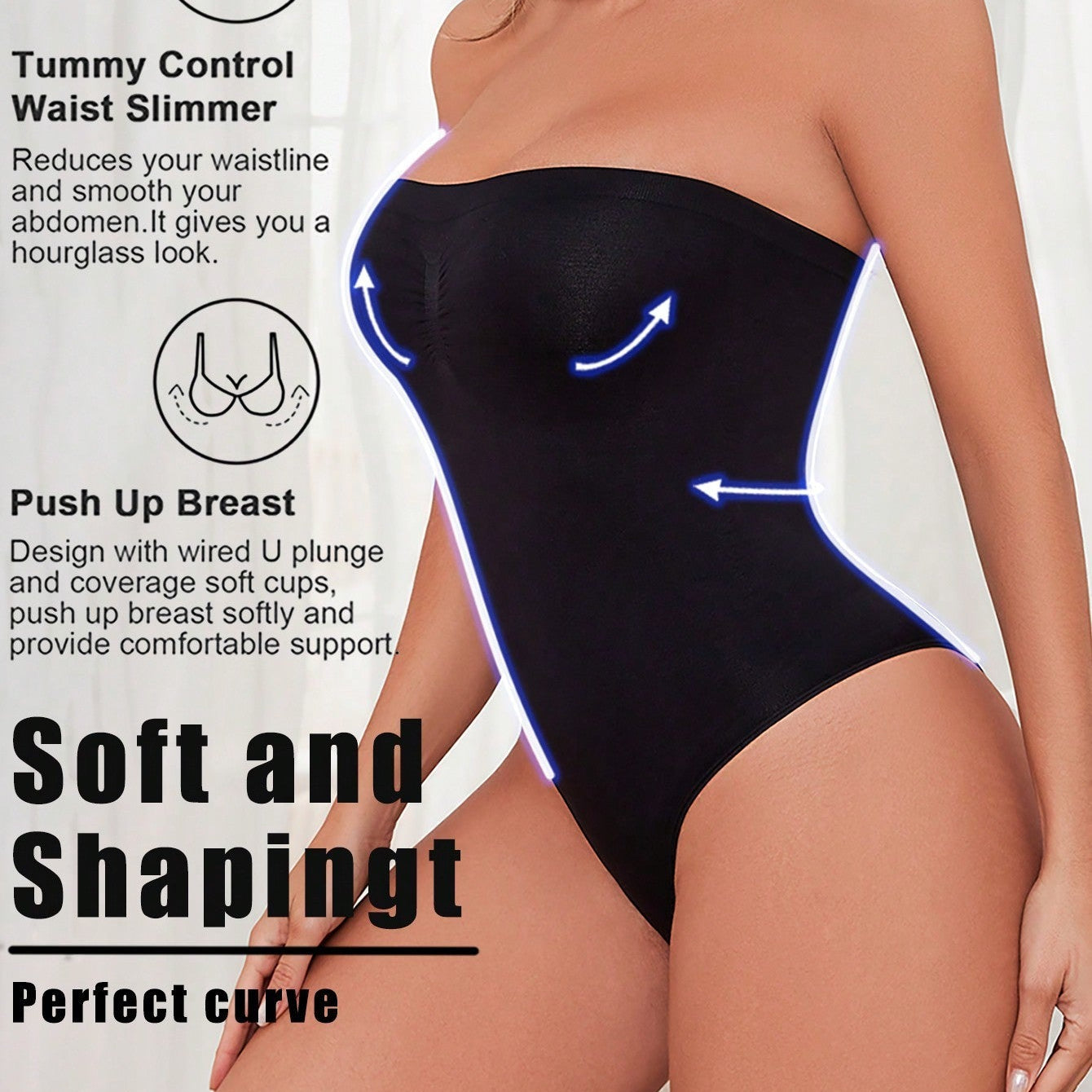 Black strapless bodysuit with text describing its features on a white background