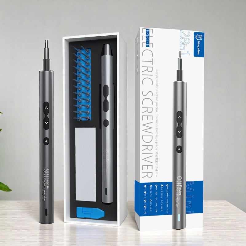 Electric screwdriver with packaging on a light gray background