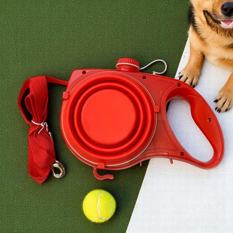 Red retractable dog leash on green and white background with tennis ball and dog.