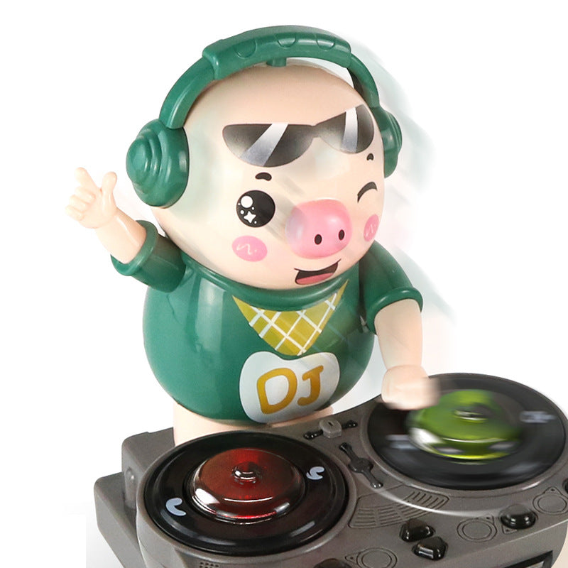 Toy figure of a pig DJ with headphones and turntables on a white background