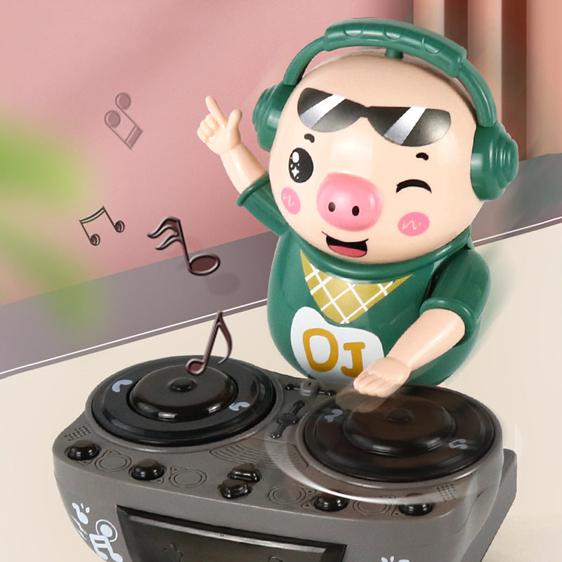 Toy pig DJ with headphones on a turntable against a pink background