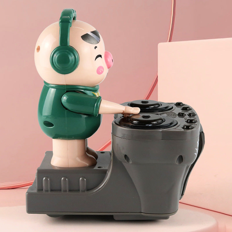 Toy figure with headphones operating a control panel on a pink background
