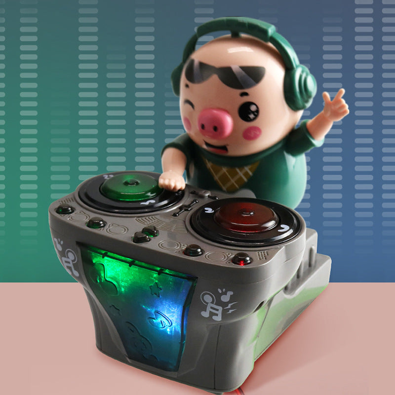 Toy figure of a pig with headphones on top of a control panel with glowing elements.