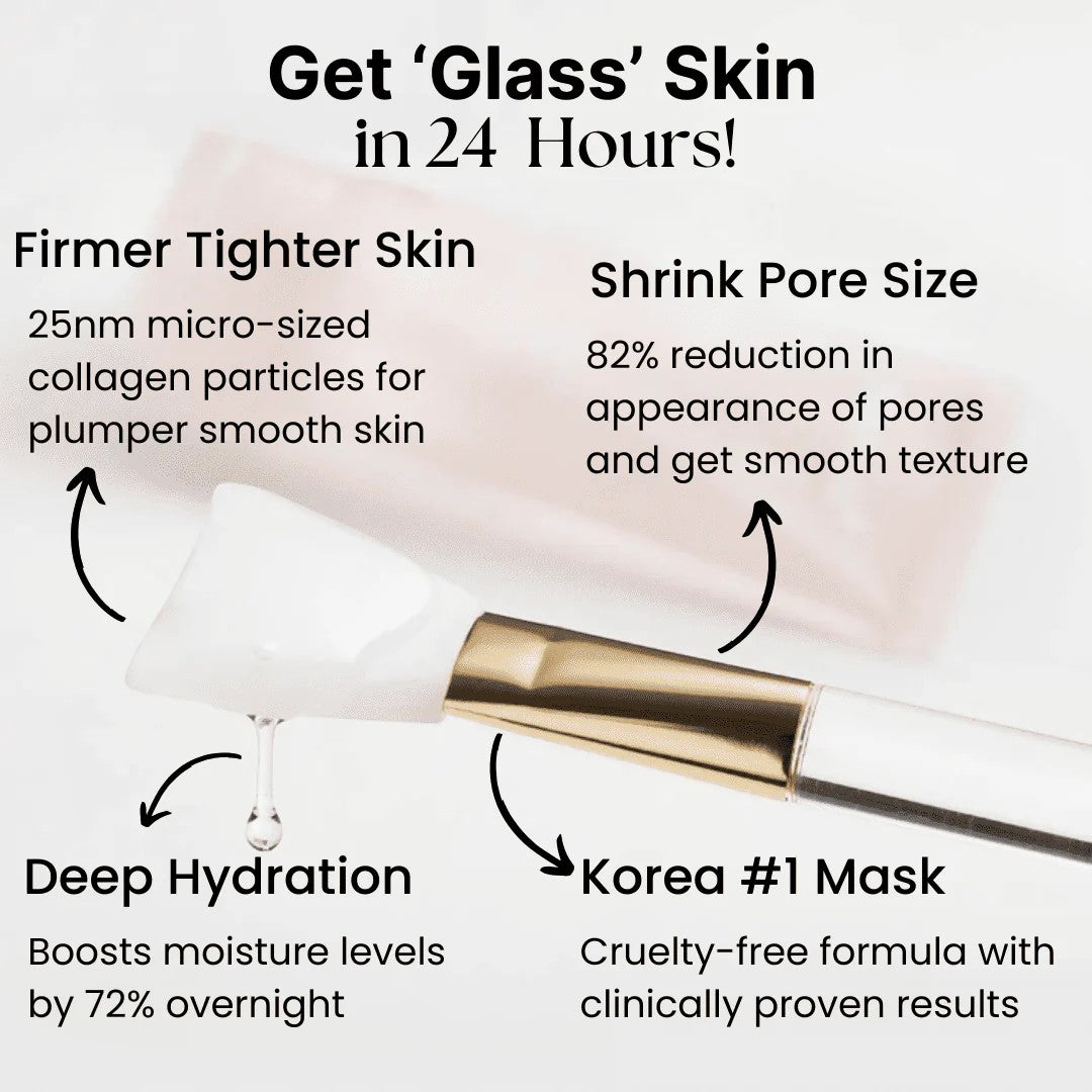 Cosmetic mask with text highlighting benefits like firmer skin, pore shrinkage, deep hydration, and being cruelty-free.