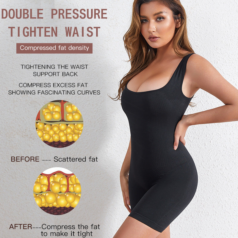 Woman wearing a black shapewear garment with text and illustrations explaining its effects on fat density and waist compression.