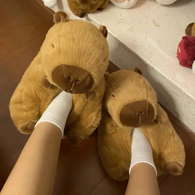 Person wearing brown teddy bear slippers with white socks indoors.