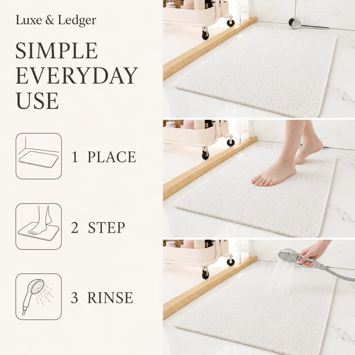 A white textured bath mat shown in a bathroom setting with text reading 'Lux & Ledger SIMPLE EVERYDAY USE' and three step icons for easy use: 1 place, 2 step, 3 rinse. A person's bare foot and hand are visible demonstrating the mat.