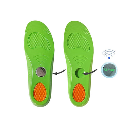 Green shoe insoles with orange accents and an 'Airtag' symbol on a white background